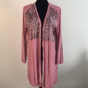 POL Open front lace midi cardigan pink